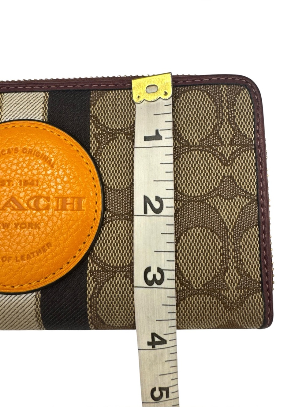 COACH Dempsey Signature Zip Around Wallet in Brown with Orange Patch - Picture 12 of 14
